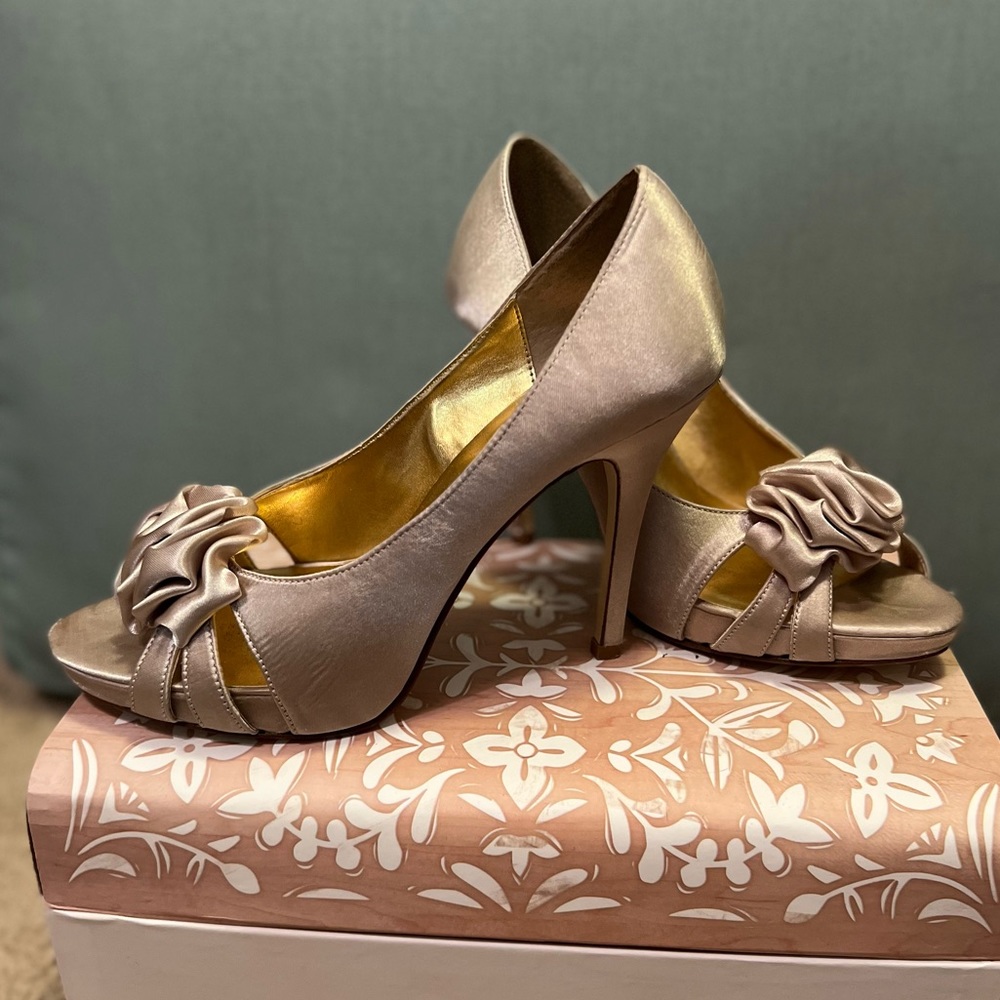 Kelly & Katie Champagne Satin Open Toe Heels
